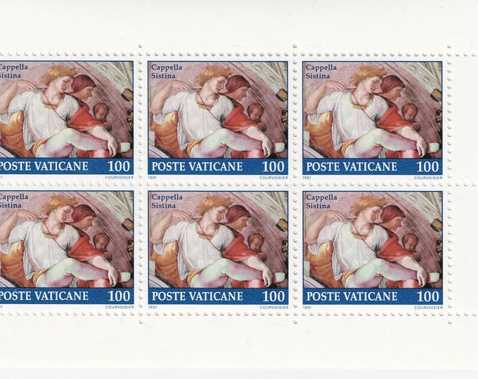 Sistine Chapel Eleazar Pane of Six Vatican City Postage Stamps Issued 1991