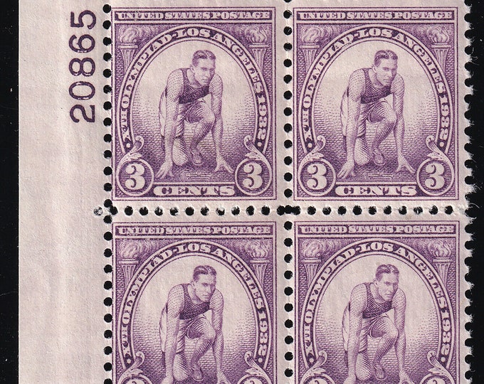 Summer Olympics Runner at Starting Mark Plate Block of Four 3-Cent US Postage Stamps Issued 1932