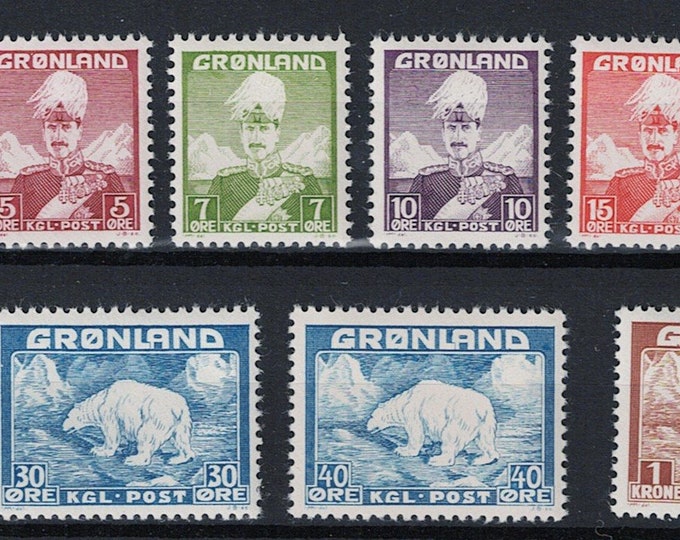 King Christian X and Polar Bear Set of Nine Greenland Postage Stamps Issued 1938-46