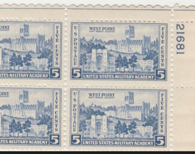West Point Plate Block of Four 5-Cent United States Postage Stamps Issued 1937