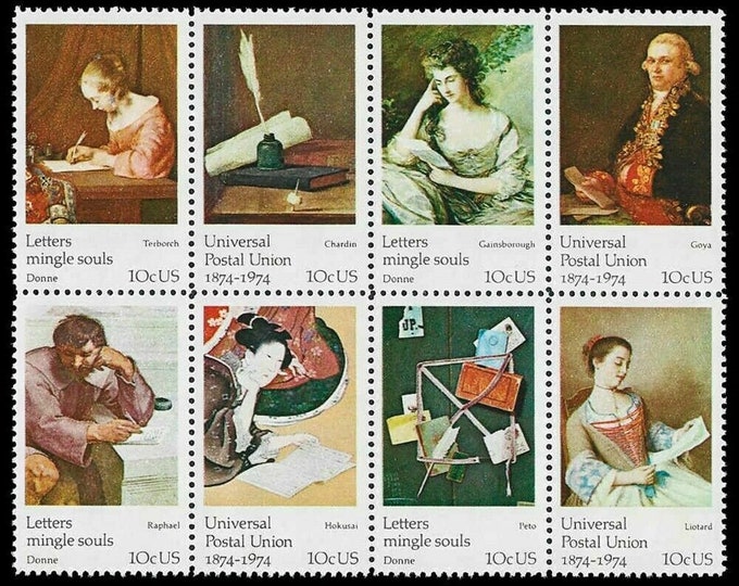 1974 Universal Postal Union Works of Art Block of Eight 10-Cent US Postage Stamps Mint Never Hinged