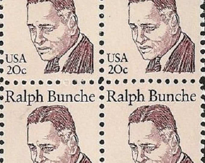 1982 Ralph Bunche Block of Four 20-Cent US Postage Stamps Mint Never Hinged