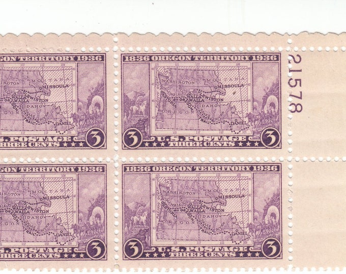 1936 Oregon Territory Centennial Plate Block of Four 3-Cent US Postage Stamps
