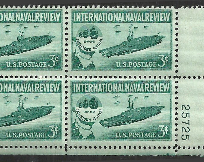 1957 International Naval Review Plate Block of Four 3-Cent United States Postage Stamps