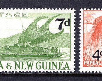 Bird of Paradise and Canoe Set of Two Papua New Guinea Postage Stamps Issued 1957