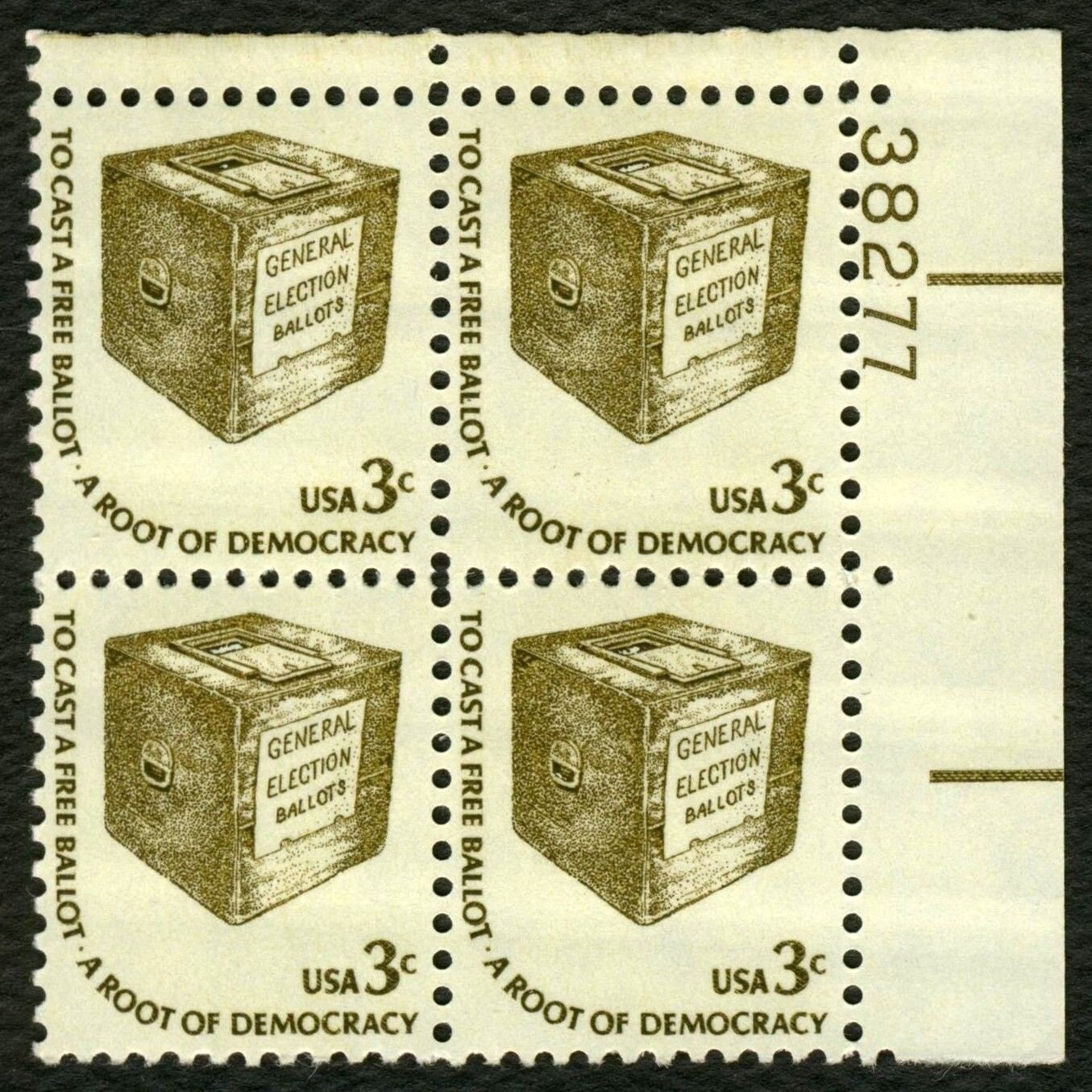 1977 Early Ballot Box Plate Block of Four 3Cent United States Postage