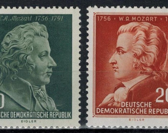 1956 200th Birthday of Wolfgang Amadeus Mozart Set of Two East Germany Postage Stamps Mint Never Hinged