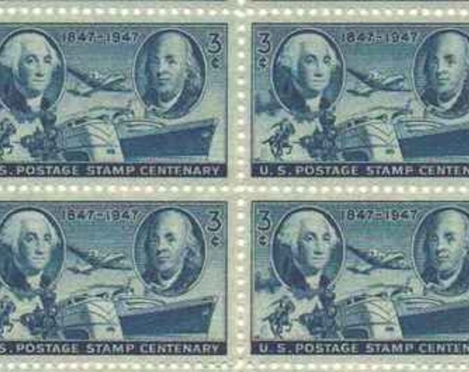 1947 US Postage Stamp Centenary Block of Four 3-Cent Stamps Mint Never Hinged