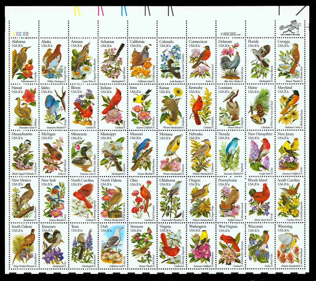 アメリカ合衆国の切手　state birds and flower 1982 State Birds and Flowers Mint Sheet of Fifty 20-cent