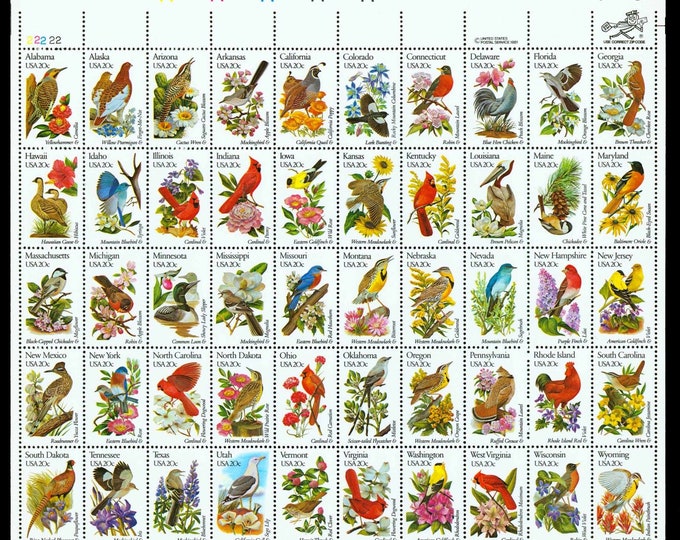 1982 State Birds and Flowers Mint Sheet of Fifty 20-Cent United States Postage Stamps