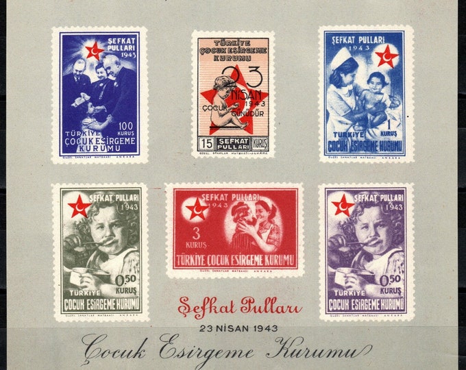 1943 Child Protection Turkey Red Crescent Souvenir Sheet of 6 Revenue Stamps