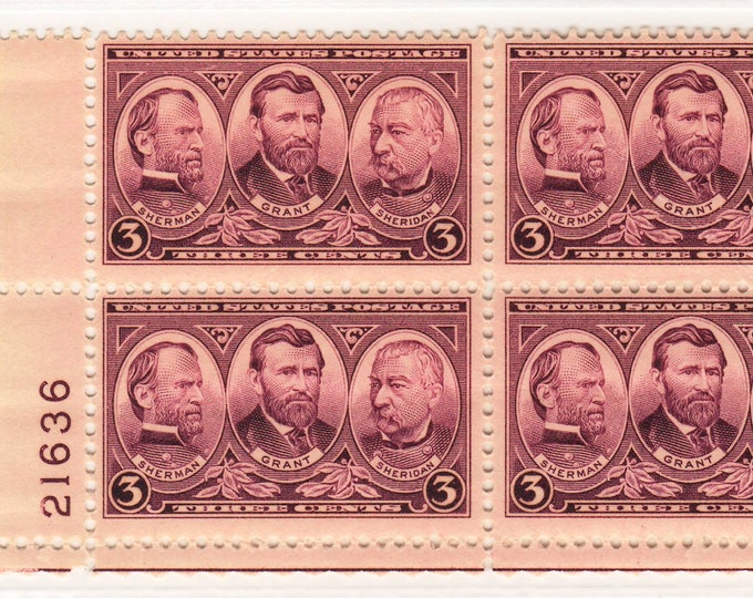 Sherman Grant and Sheridan Plate Block of Four 3-Cent United States Postage Stamps