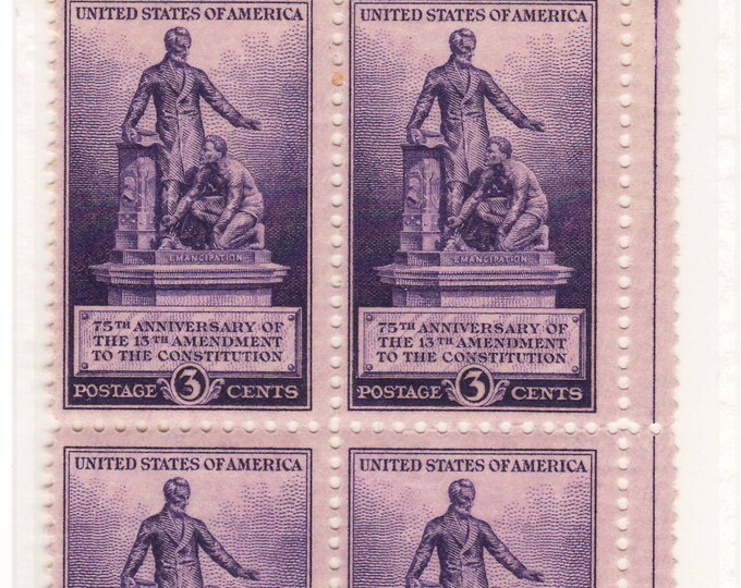 1940 Lincoln Emancipation Statue Plate Block of Four 3-Cent US Postage Stamps Mint Never Hinged