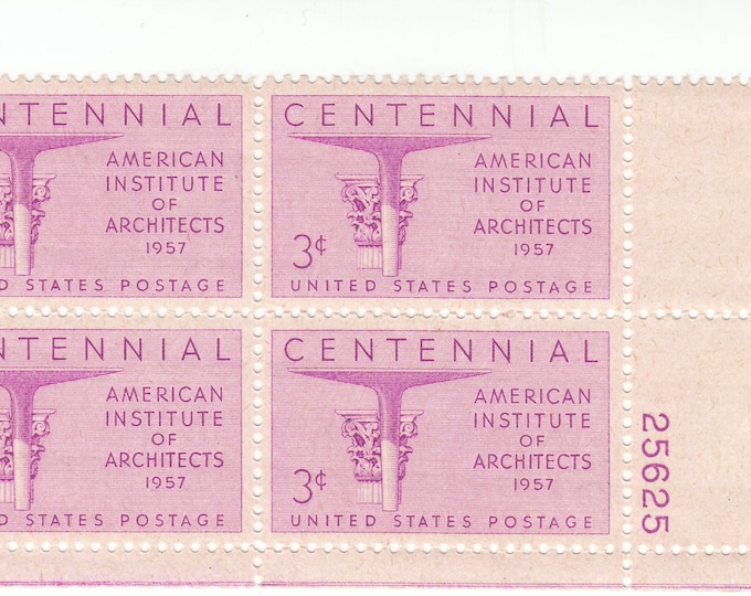 American Institute of Architects Plate Block of Four 3-Cent United States Postage Stamps Issued 1957