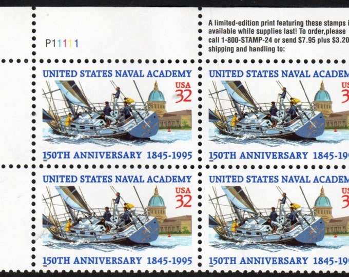 1995 U.S. Naval Academy 150th Anniversary Plate Block of Four 32-Cent United States Postage Stamps