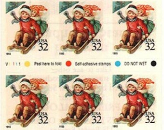1995 Children Sledding Christmas Booklet Pane of Eighteen 32-Cent US Postage Stamps Mint Never Hinged