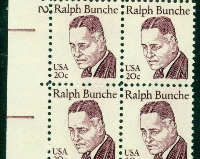 1982 Ralph Bunche Plate Block of Four 20-Cent US Postage Stamps