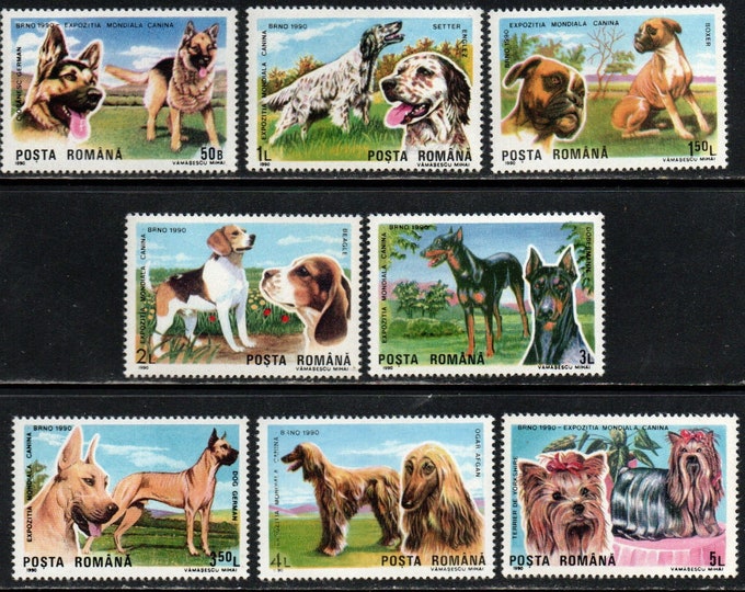 Dog Breeds Set of Eight Romania Postage Stamps Issued 1990
