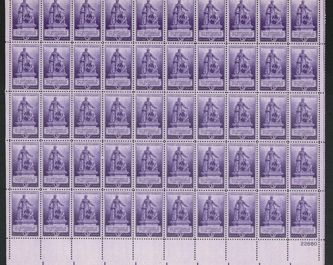 Lincoln Emancipation Statue Sheet of Fifty 3-Cent US Postage Stamps Issued 1940