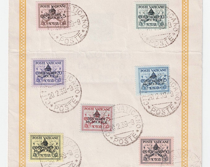 1939 Set of Seven Vatican City Postage Stamps Papal Coat of Arms Overprinted  Interregnum Issue First Day Cancellations on Folder