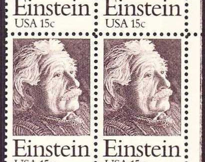 1979 Albert Einstein Plate Block of Four US 15-Cent Postage Stamps Mint Never Hinged