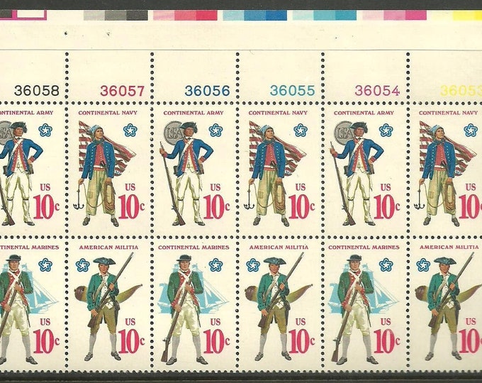 American Military Uniforms Plate Block of Twelve 10-Cent United States Postage Stamps Issued 1975