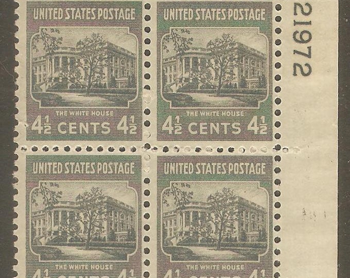 1938 White House Plate Block of Four 4-1/2-Cent United States Postage Stamps