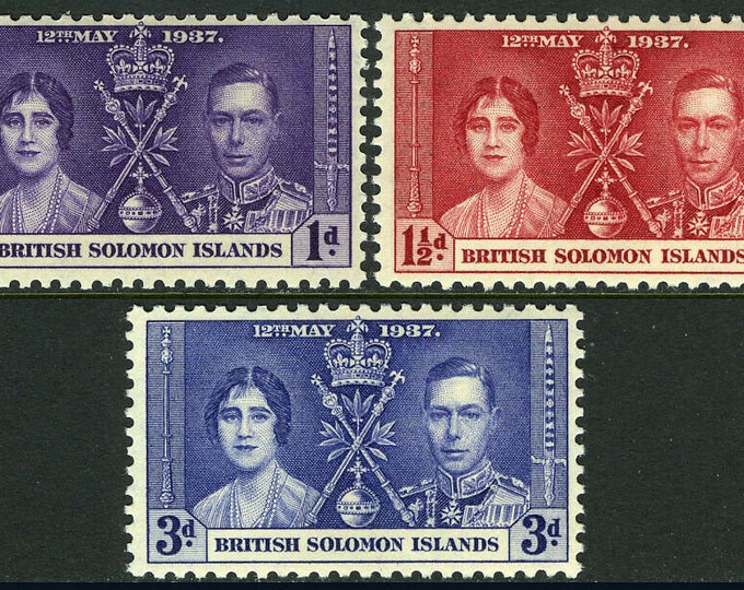 1937 Coronation of King George VI Set of Three Solomon Islands Postage Stamps Mint Never Hinged