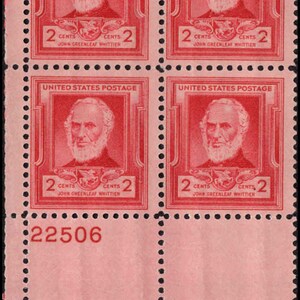 May include: A block of four red United States postage stamps, each featuring a portrait of John Greenleaf Whittier with the text 'UNITED STATES POSTAGE', '2 CENTS', and 'JOHN GREENLEAF WHITTIER'. The number 22506 is printed in red on the bottom left margin.