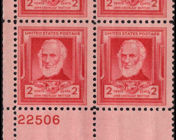 1940 John Greenleaf Whittier Plate Block of 4 US Stamps Catalog Number 865 Mint Never Hinged