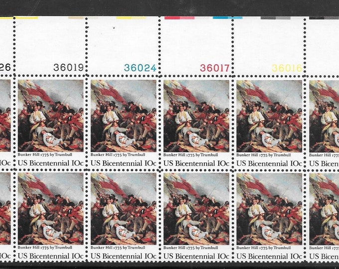 Bunker Hill Plate Block of Twelve 10-Cent United States Postage Stamps Issued 1975