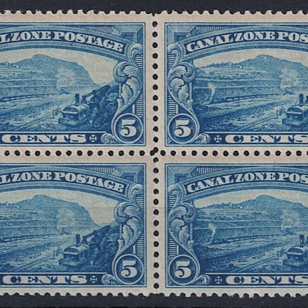 Gaillard Cut Block of Four 5-Cent Canal Zone Postage Stamps Issued 1929