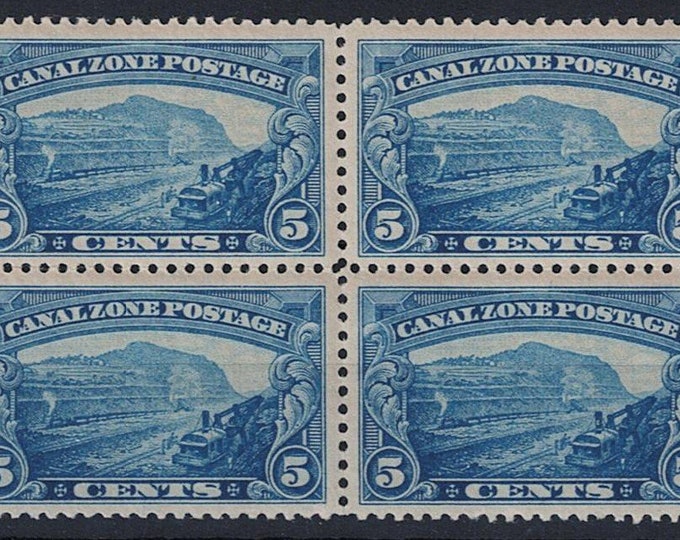 Gaillard Cut Block of Four 5-Cent Canal Zone Postage Stamps Issued 1929