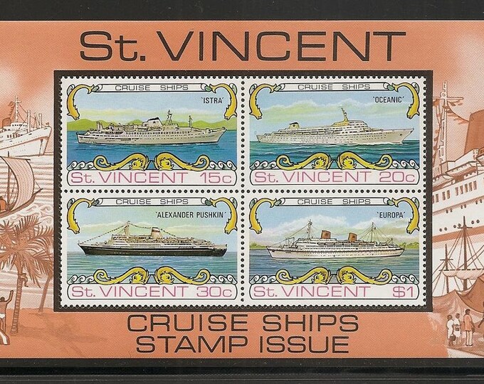 1974 Cruise Ships St Vincent Souvenir Sheet of Four Postage Stamps Mint Never Hinged