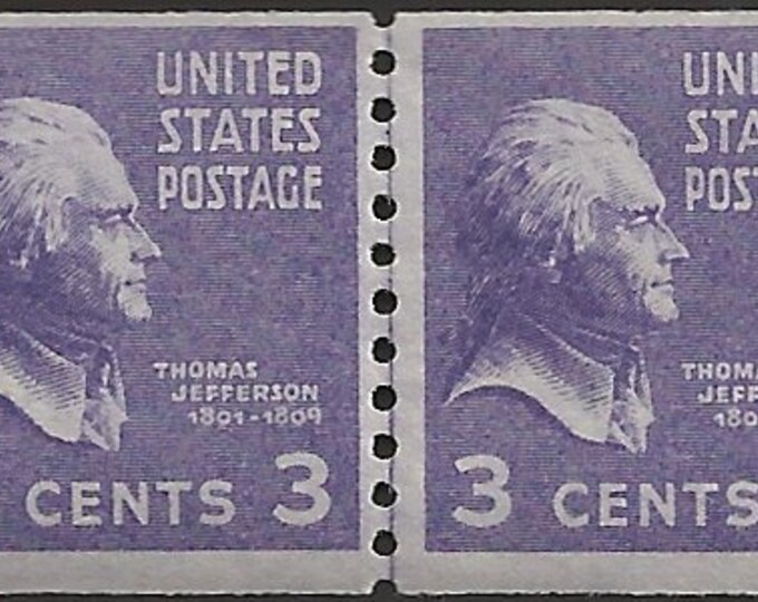 Thomas Jefferson Coil Line Pair of 3-Cent United States Postage Stamps Issued 1939