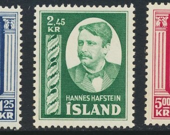 1954 Hannes Hafstein Set of Three Iceland Postage Stamps Mint Never Hinged
