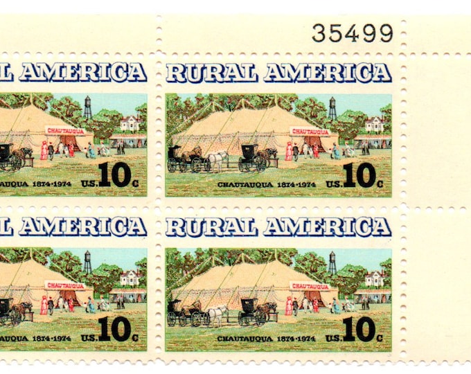 1974 Chautauqua Tent Rural America Plate Block of Four 10-Cent US Postage Stamps Mint Never Hinged