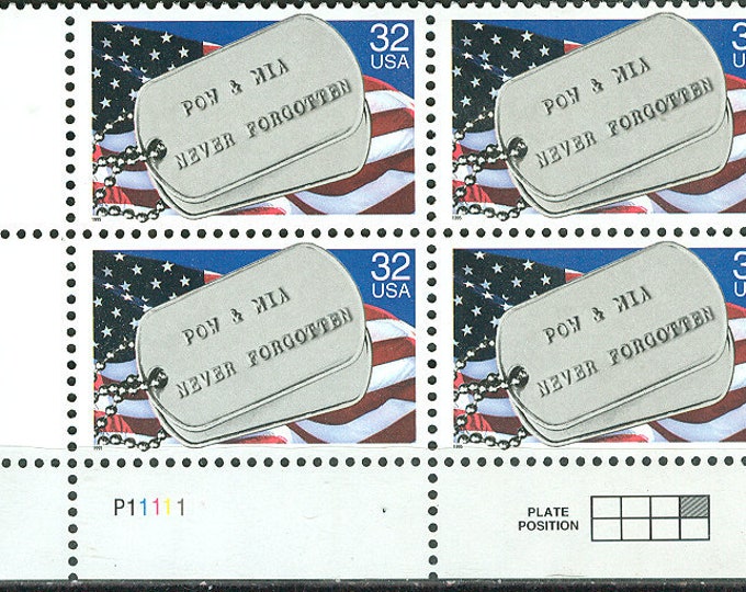 POW and MIA Never Forgotten Plate Block of Four 32-Cent United States Postage Stamps