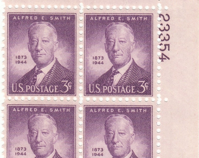 Alfred E Smith Plate Block of Four 3-Cent United States Postage Stamps