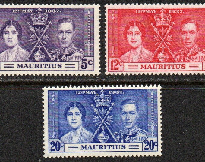 1937 Coronation of King George VI Set of Three Mauritius Postage Stamps