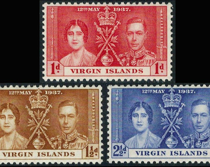 Coronation of King George VI Set of Three British Virgin Islands Postage Stamps Issued 1937