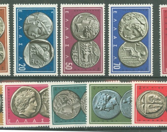 Ancient Greek Coins on Set of Ten Greece Postage Stamps Issued 1959