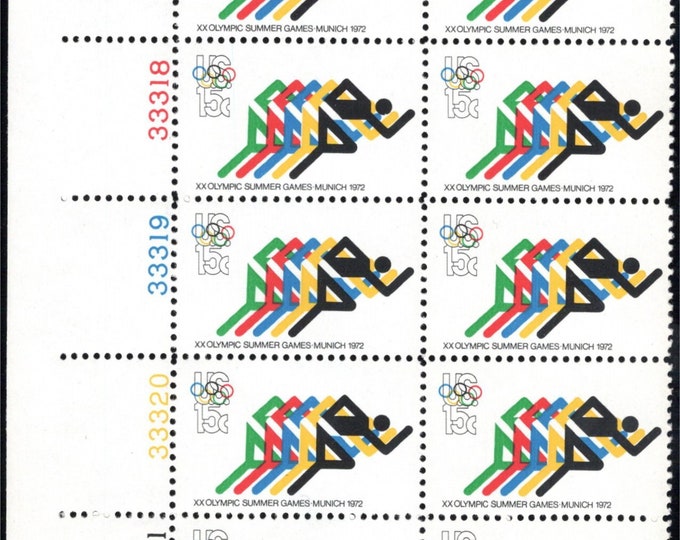 Summer Olympic Games Plate Block of Ten 15-Cent US Postage Stamps Issued 1972