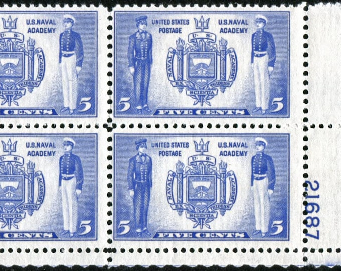 Naval Academy Plate Block of Four 5-Cent United States Postage Stamps Issued 1937