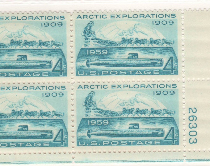 Arctic Explorations Plate Block of Four 4-Cent United States Postage Stamps Issued 1959