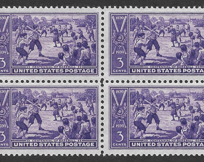 Baseball Centennial Block of Four US 3-Cent Postage Stamps Issued 1939