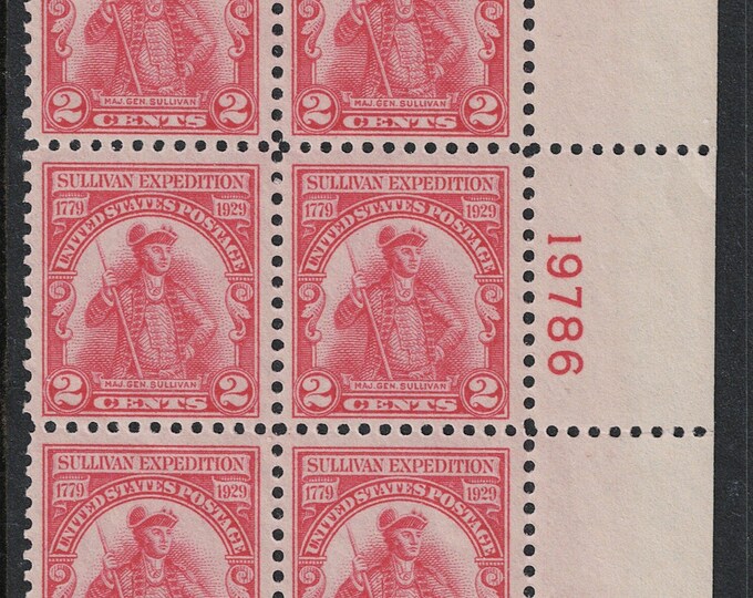 Sullivan Expedition Plate Block of Six 2-Cent United States Postage Stamps Issued 1929