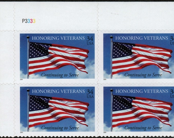 Military Veterans Plate Block of Four 34-Cent United States Postage Stamps Issued 2001