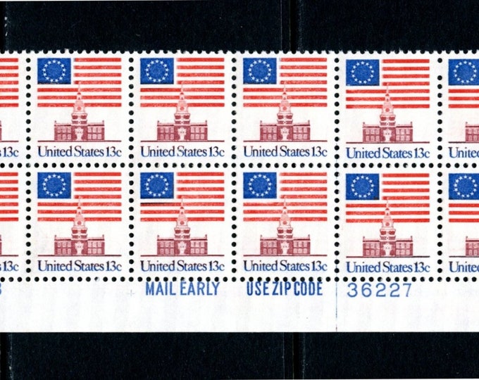 Flag Over Independence Hall Plate Block of Twenty 13-Cent US Postage Stamps Issued 1975
