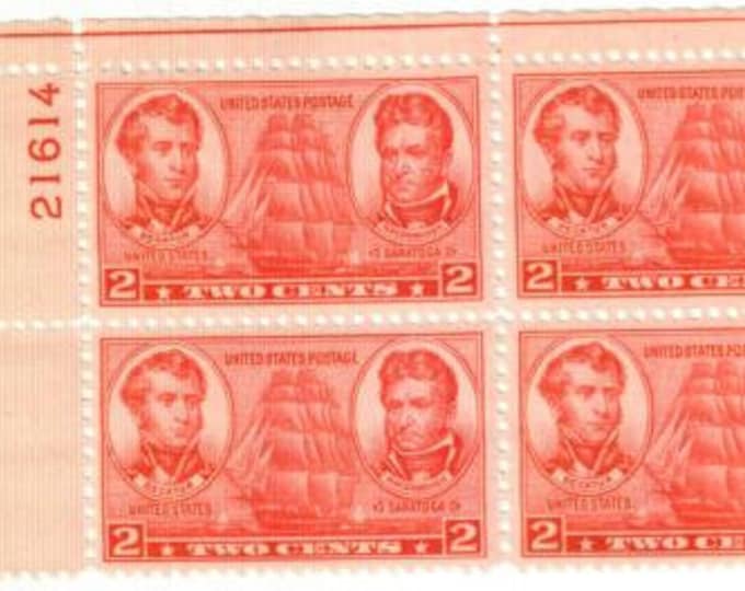 1937 Decatur and MacDonough Plate Block of Four 2-Cent US Postage Stamps Mint Never Hinged